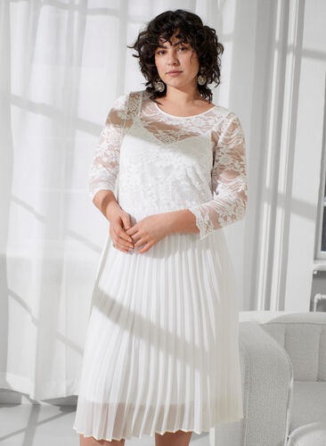 Plisseret kjole med blonder og 3/4 ærmer, Bright White, Image image number 0