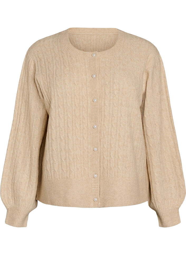 Cardigan med kabelstrik og perleknapper, Beige, Packshot image number 0