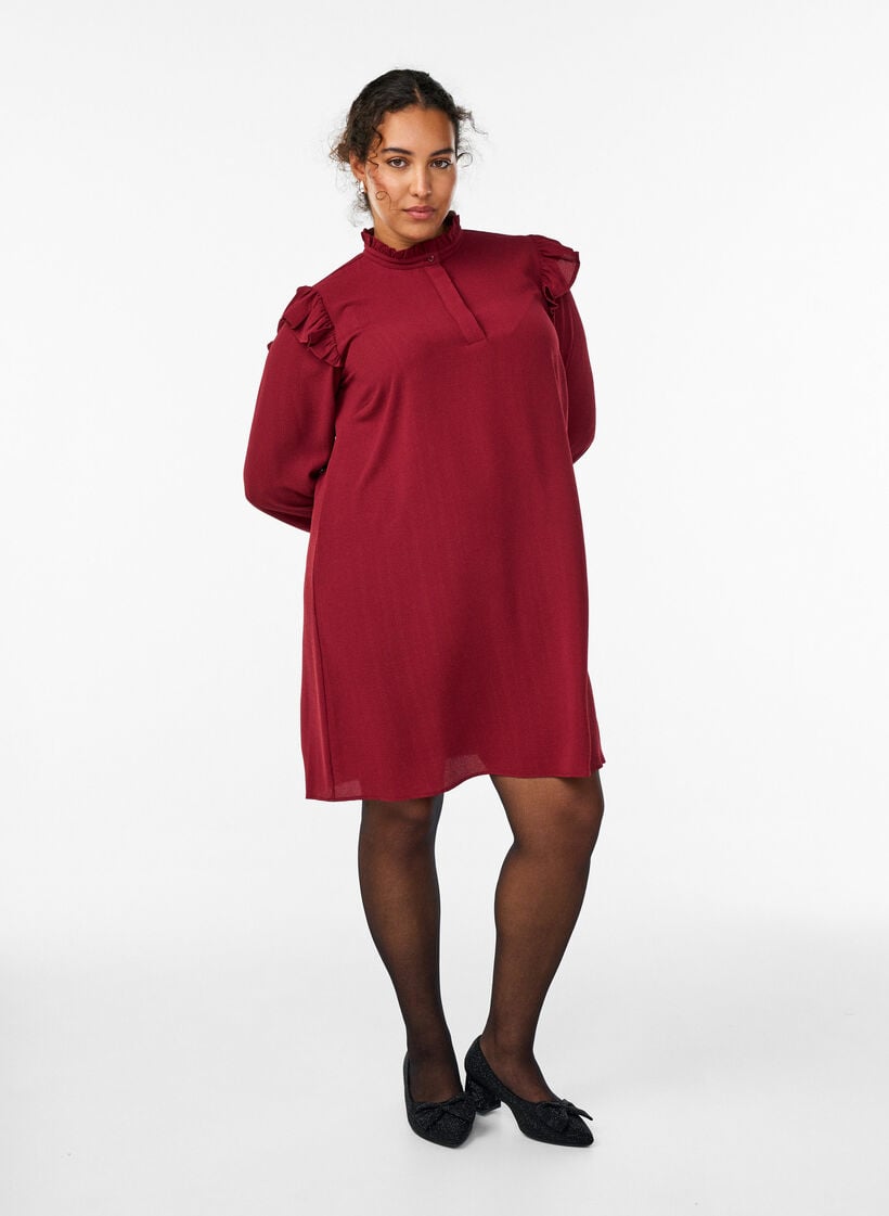 Kort kjole med fl&aelig;ser og glimmer, M&oslash;rk Bordeaux, Model image number 1