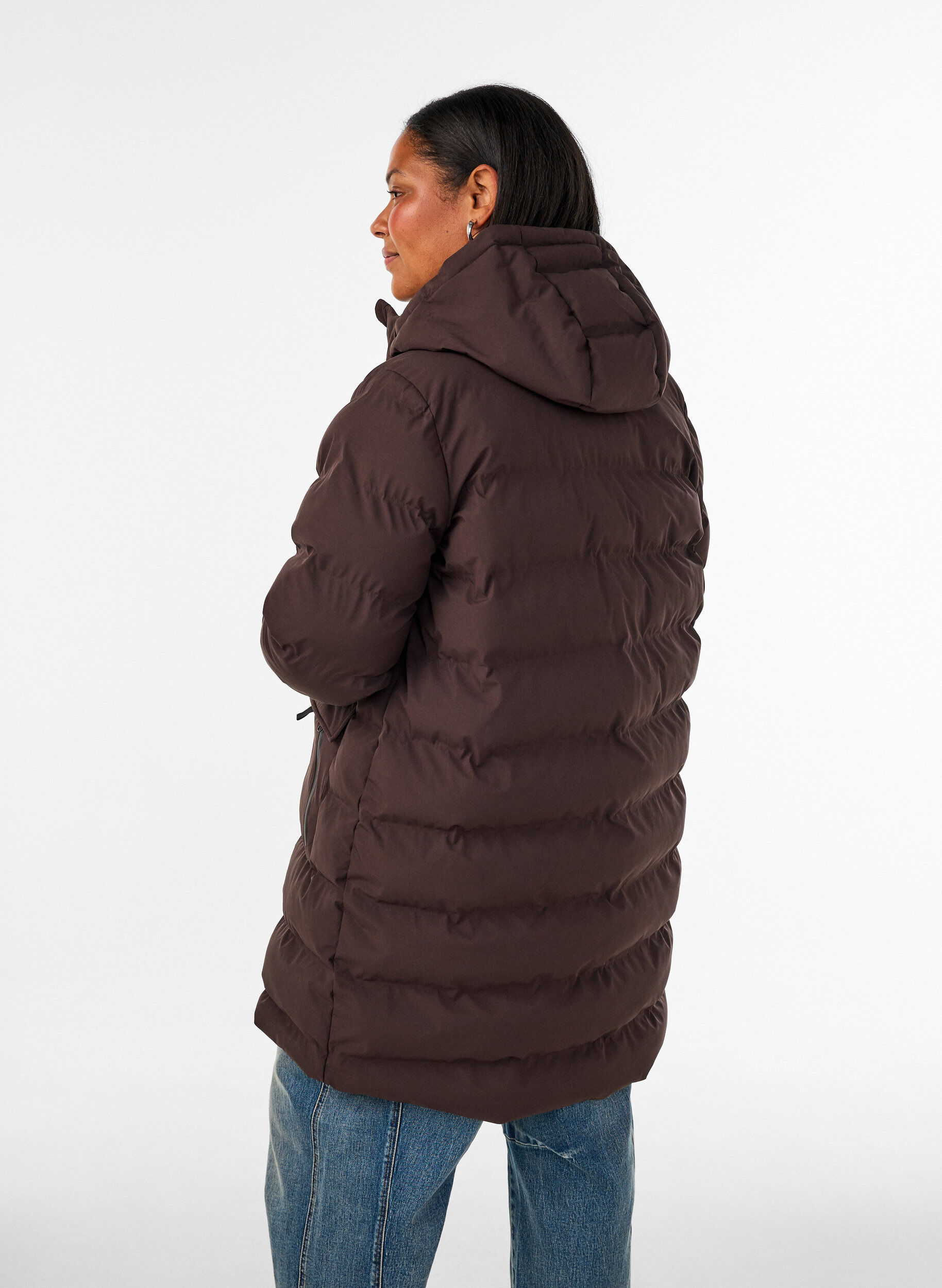 ZizziPufferfrakke med h&aelig;tte og lommer, Brun, Model image number 2