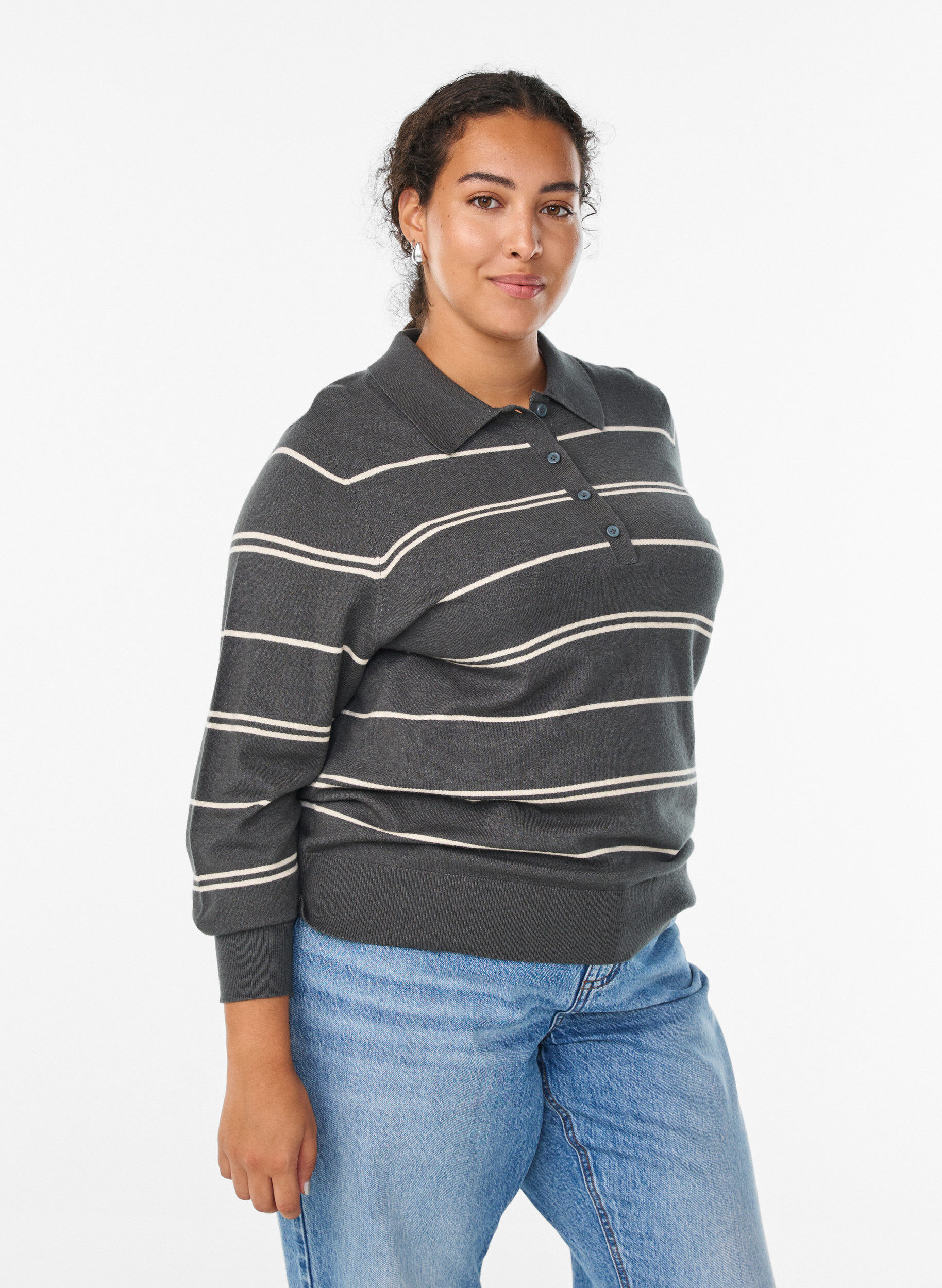 Strikbluse med polokrave, Gr&oslash;n, Model