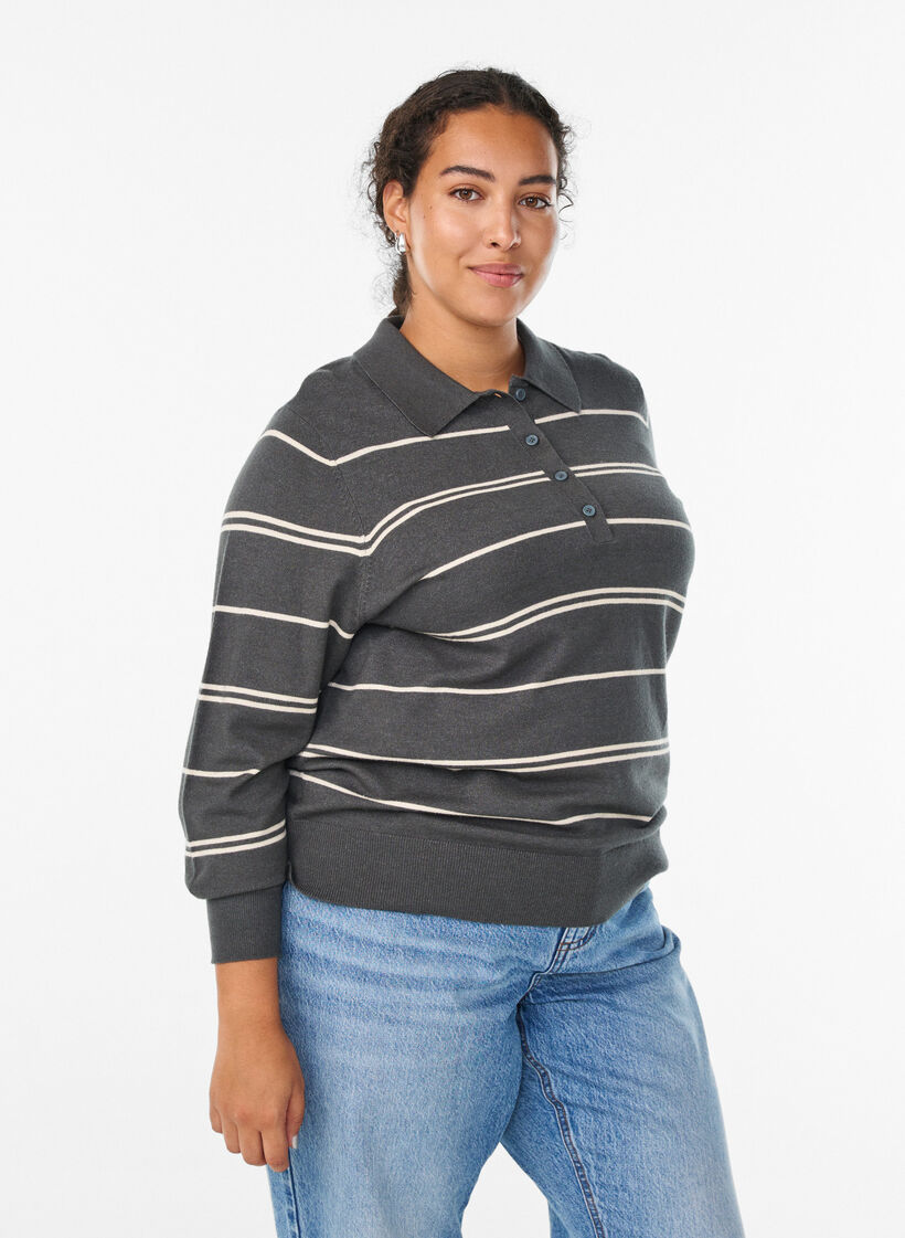 Strikbluse med polokrave, Grøn, Model image number 0