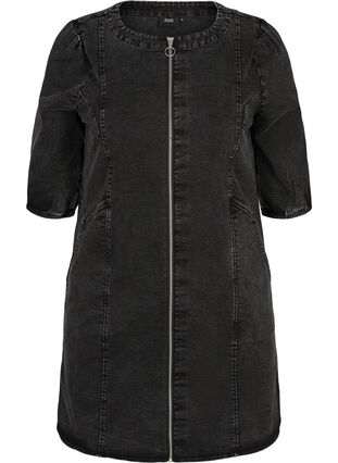 Kortærmet denim kjole med lynlås, Grey Denim ASS, Packshot image number 0