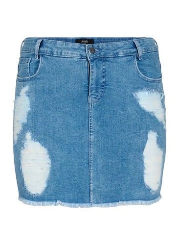 Tætsiddende denim nederdel med slid, Blue denim, Packshot image number 0