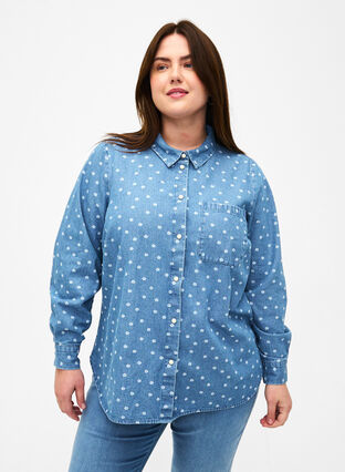 Blomstret denimskjorte med brystlomme, Light Blue w.Flowers, Model image number 0