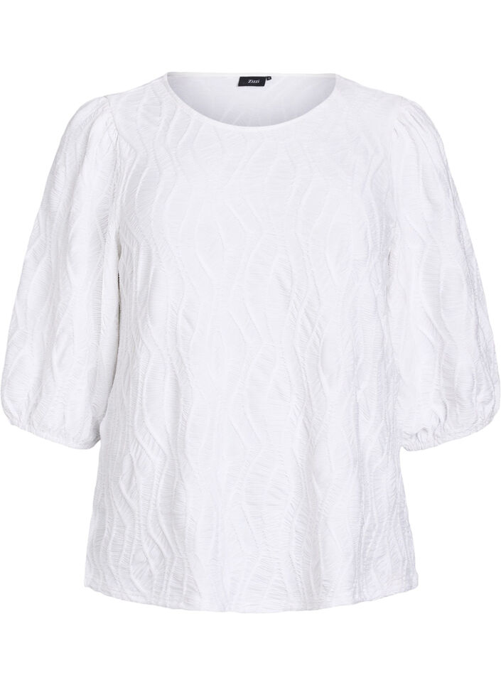 Bluse med tekstur og 3/4 &aelig;rmer, Hvid, Packshot image number 0