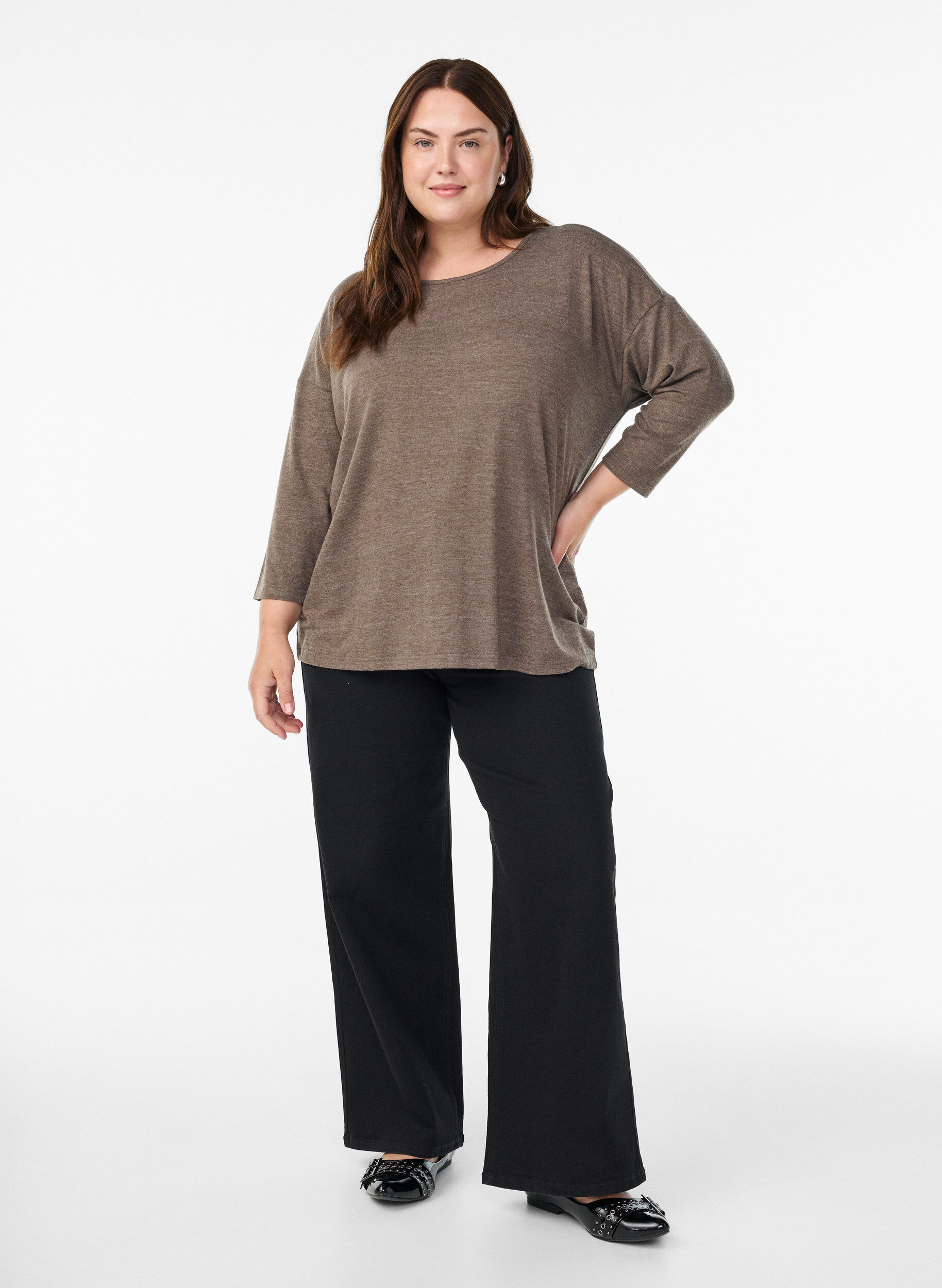ZizziJerseybluse med 3/4 &aelig;rmer, Brun, Model image number 1