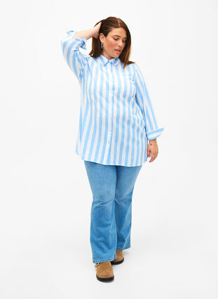 Lang skjorte i hør og bomuld, Blue White Stripe, Model image number 2