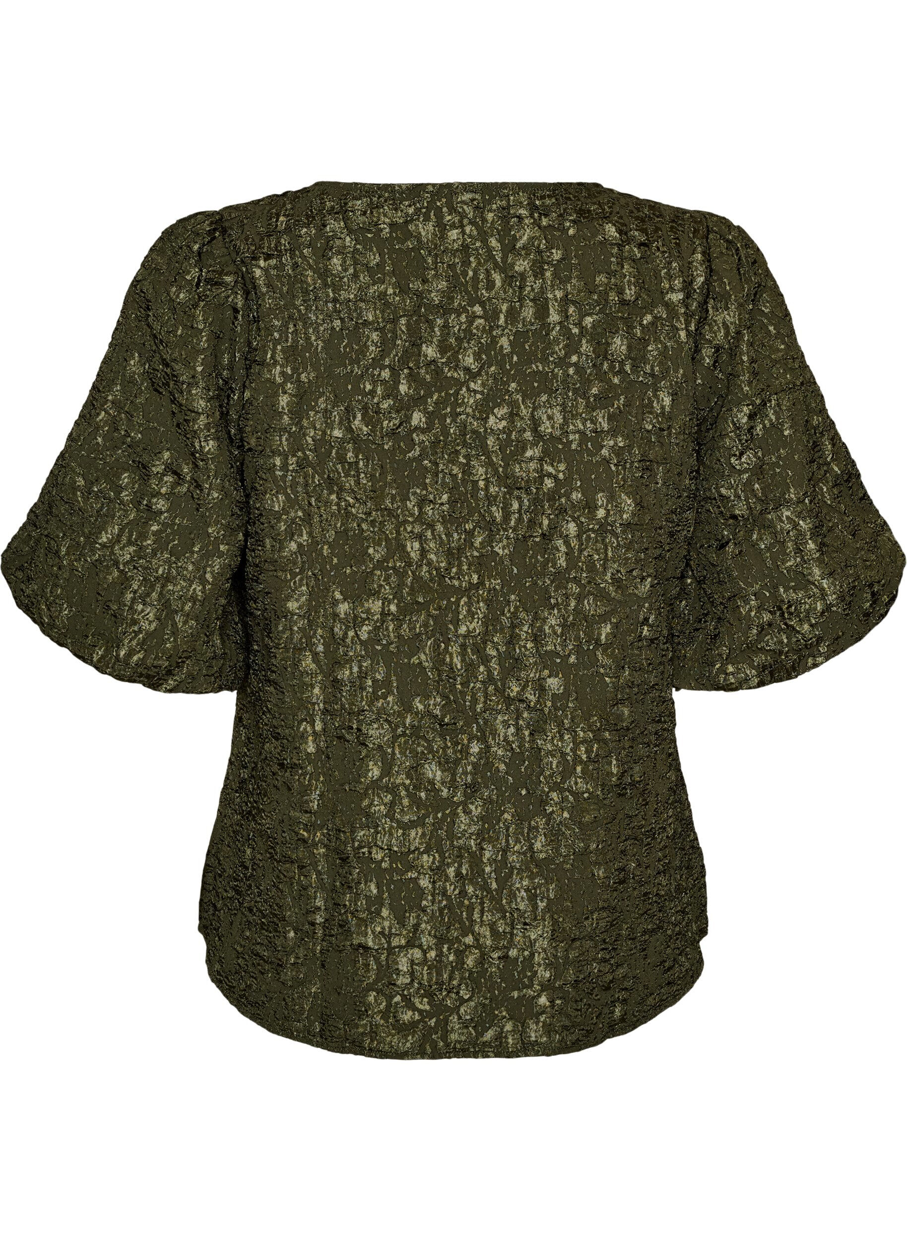 ZizziJacquardbluse med puf&aelig;rmer og A-form, Gr&oslash;n, Packshot image number 1