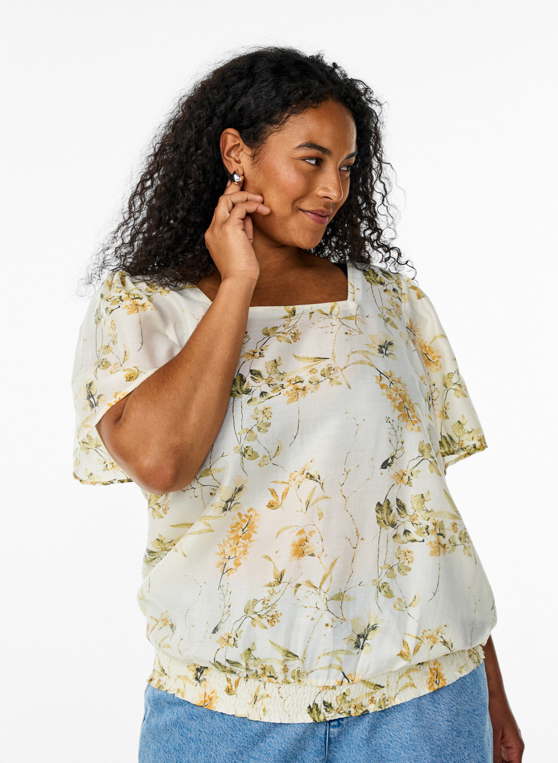 Bluse med blomsterprint og firkantet hals, Gul, Model