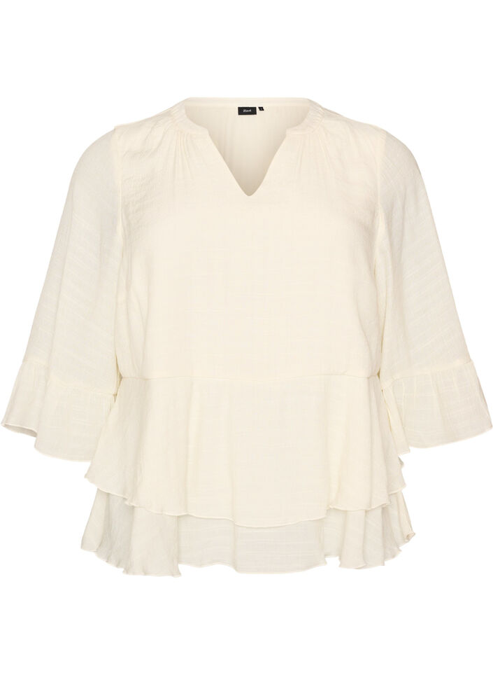 Bluse med 3/4-&aelig;rmer og fl&aelig;sedetaljer, Vanilla, Packshot image number 0