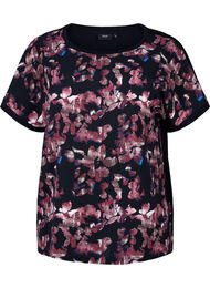L&oslash;s t-shirt med blomsterprint, Black Purple Fl. AOP