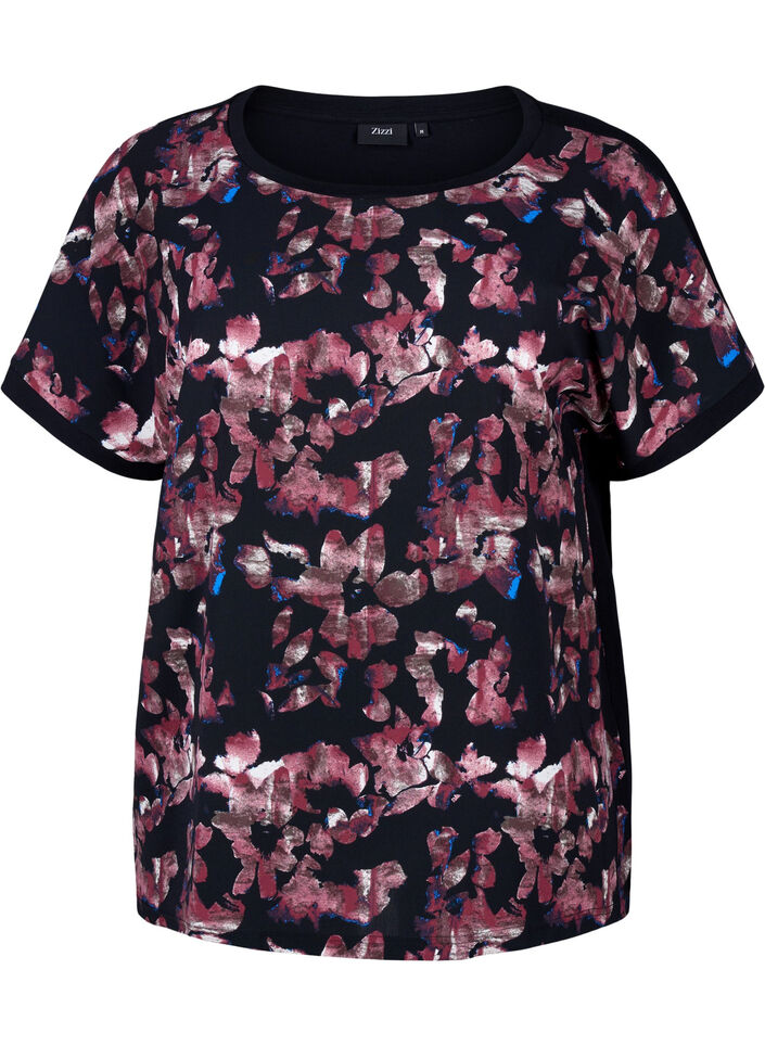 L&oslash;s t-shirt med blomsterprint, Black Purple Fl. AOP, Packshot image number 0