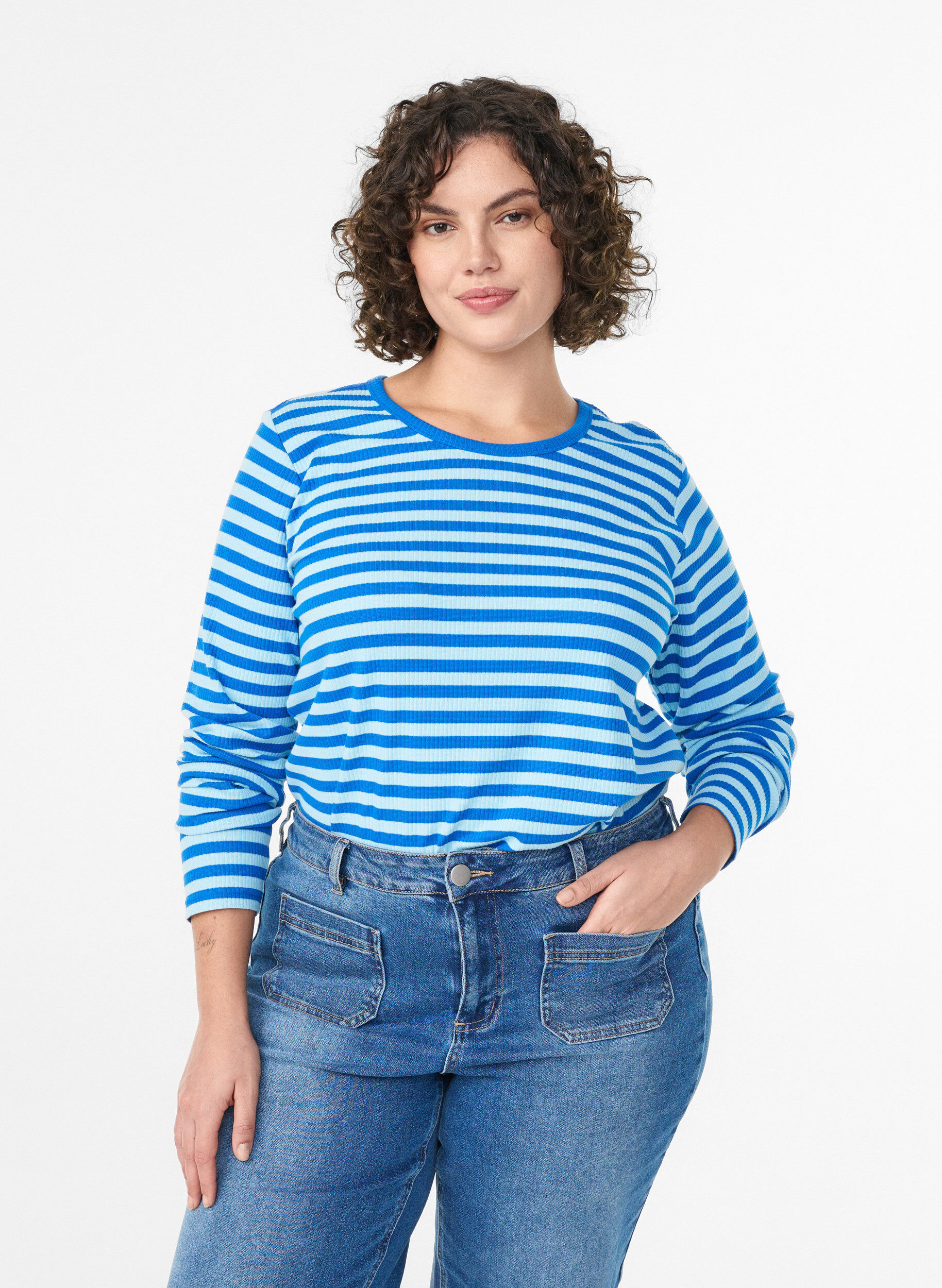 ZizziStribet bluse med lange &aelig;rmer, Bl&aring;, Model image number 0