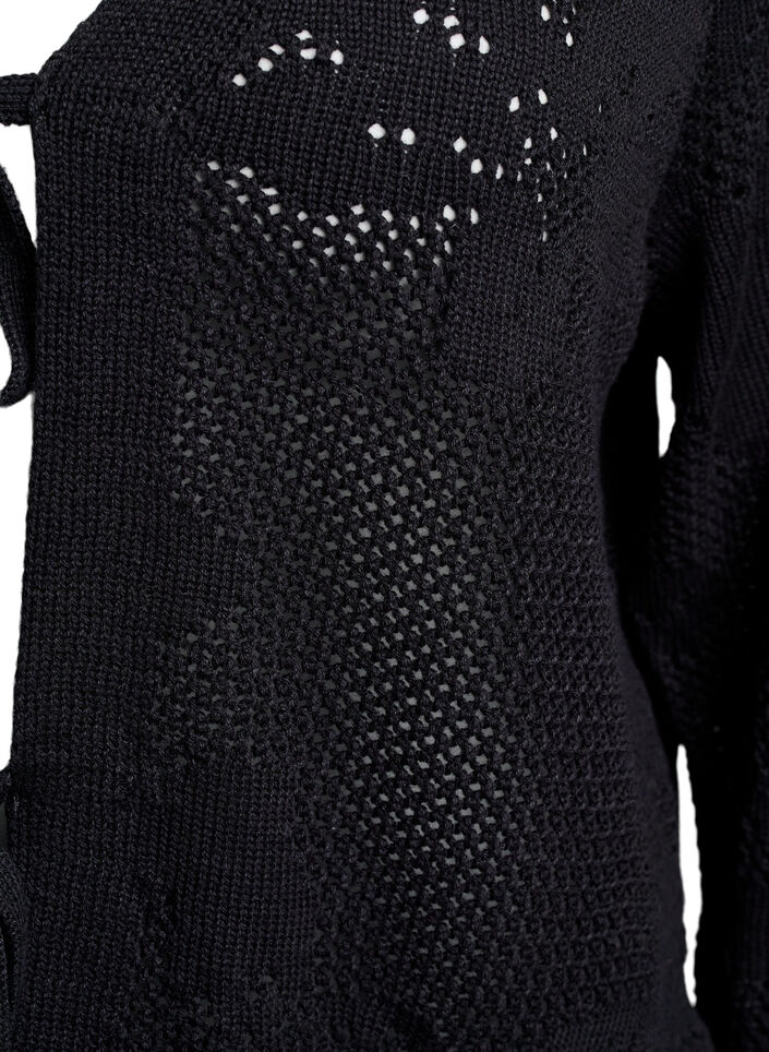 Strikket cardigan med hulmønster og bindebånd, Black, Packshot image number 2