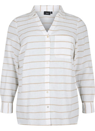 Skjortebluse med knaplukning i bomuldsmix med hør, White Taupe Stripe, Packshot image number 0