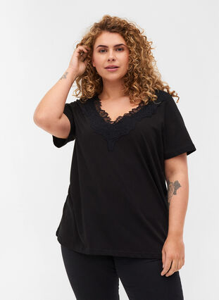 Bomulds t-shirt med v-hals og blonder, Black, Model image number 0