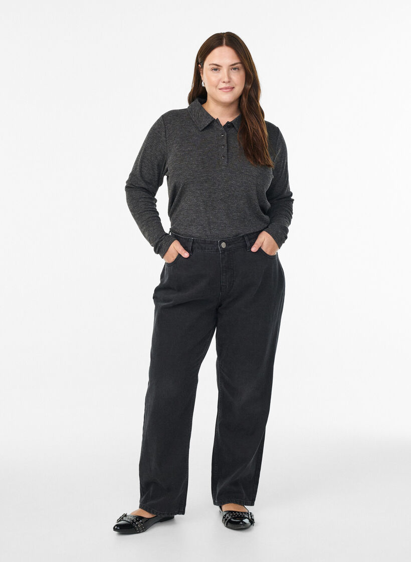 Langærmet polo i strækbar ribkvalitet, Grå, Model image number 1