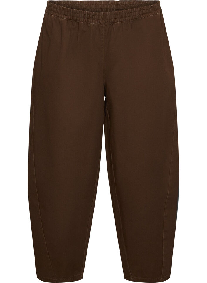 Barrel jeans med h&oslash;j talje og elastisk linning, Brun, Packshot image number 0