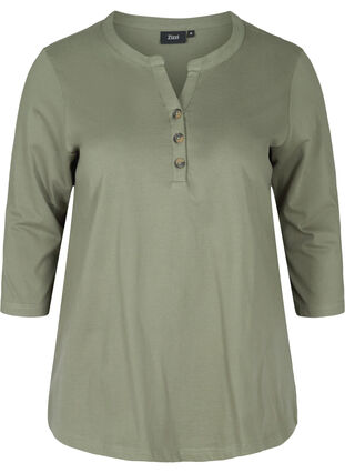 Bomulds bluse med 3/4 ærmer, Agave Green, Packshot image number 0