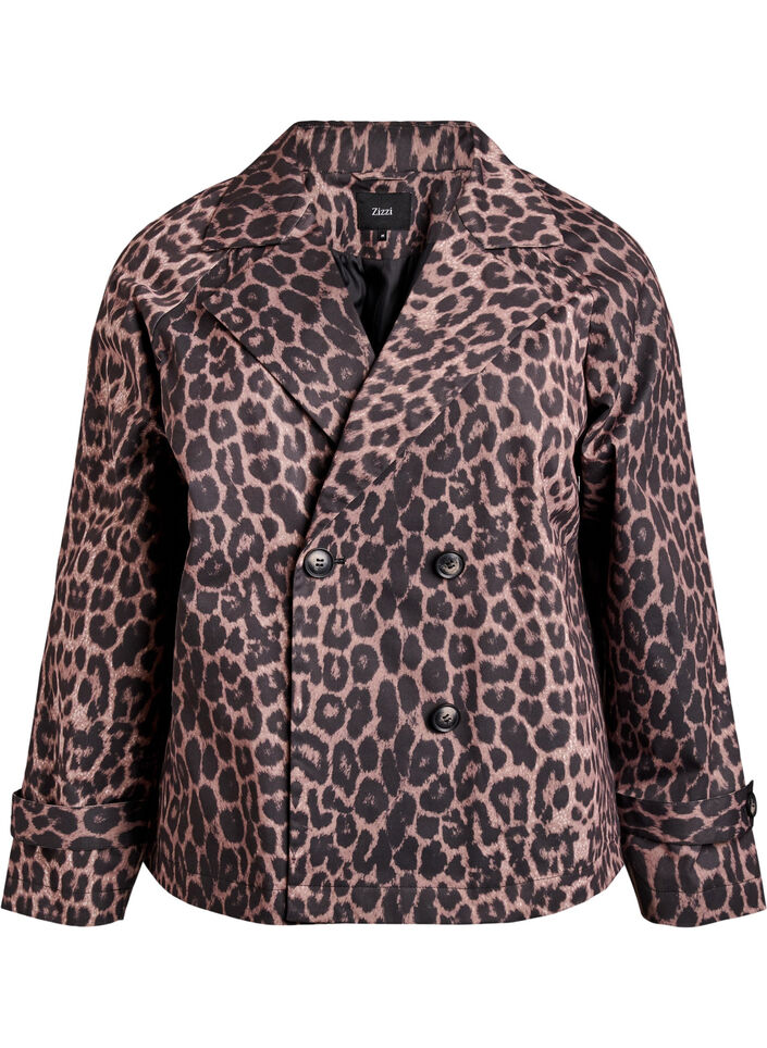 Dobbeltradet blazerjakke med leopardprint, Brun, Packshot image number 0