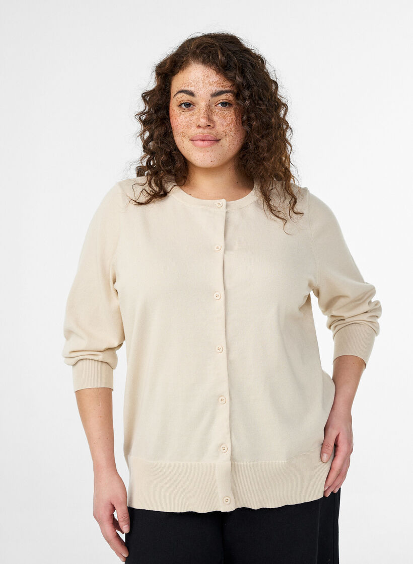 Finstrikket cardigan med rund hals, Beige, Model image number 0