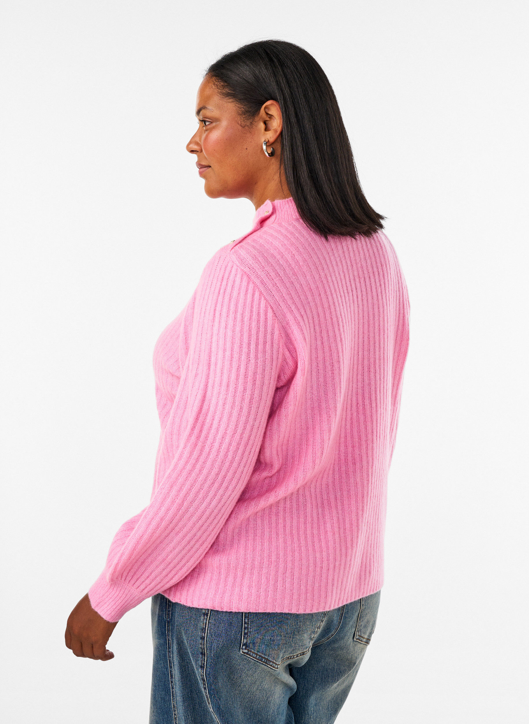 ZizziRibstrikket sweater med ballon&aelig;rmer og knapper, Lyser&oslash;d, Model image number 2