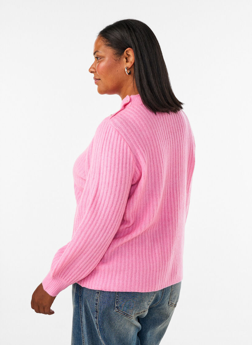 Ribstrikket sweater med ballon&aelig;rmer og knapper, Lyser&oslash;d, Model image number 2