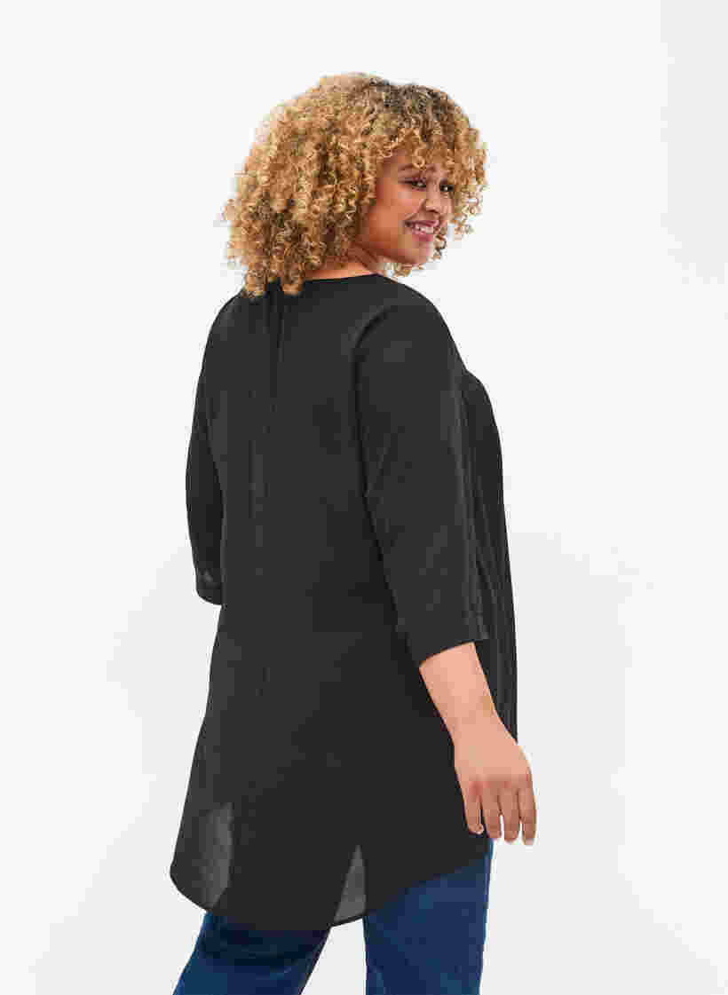 Bluse med 3/4 ærmer og v-hals, Black, Model image number 1