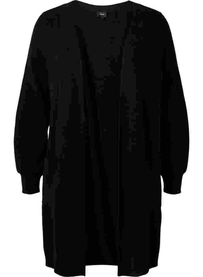 Lang strikket cardigan med ballonærmer, Black, Packshot image number 0