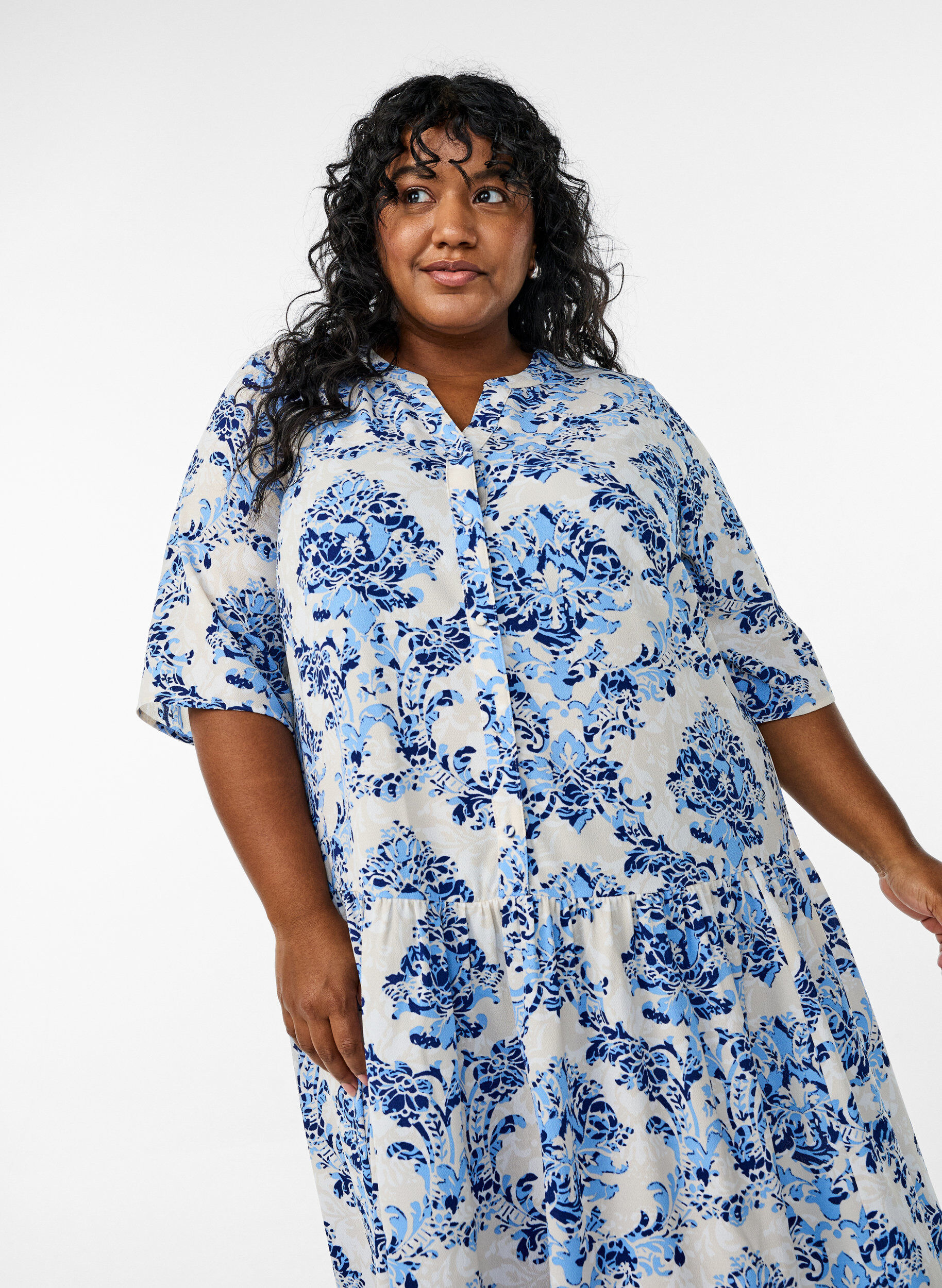 Zizzi Midikjole med A-facon og korte &aelig;rmer, Beige, Model image number 3