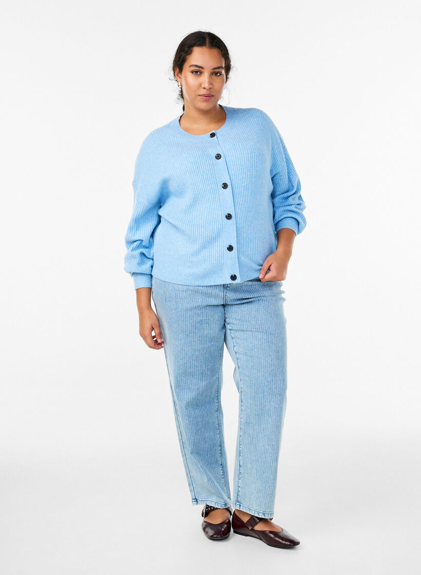 Ribstrikket cardigan med knapper, Bl&aring;, Model image number 1