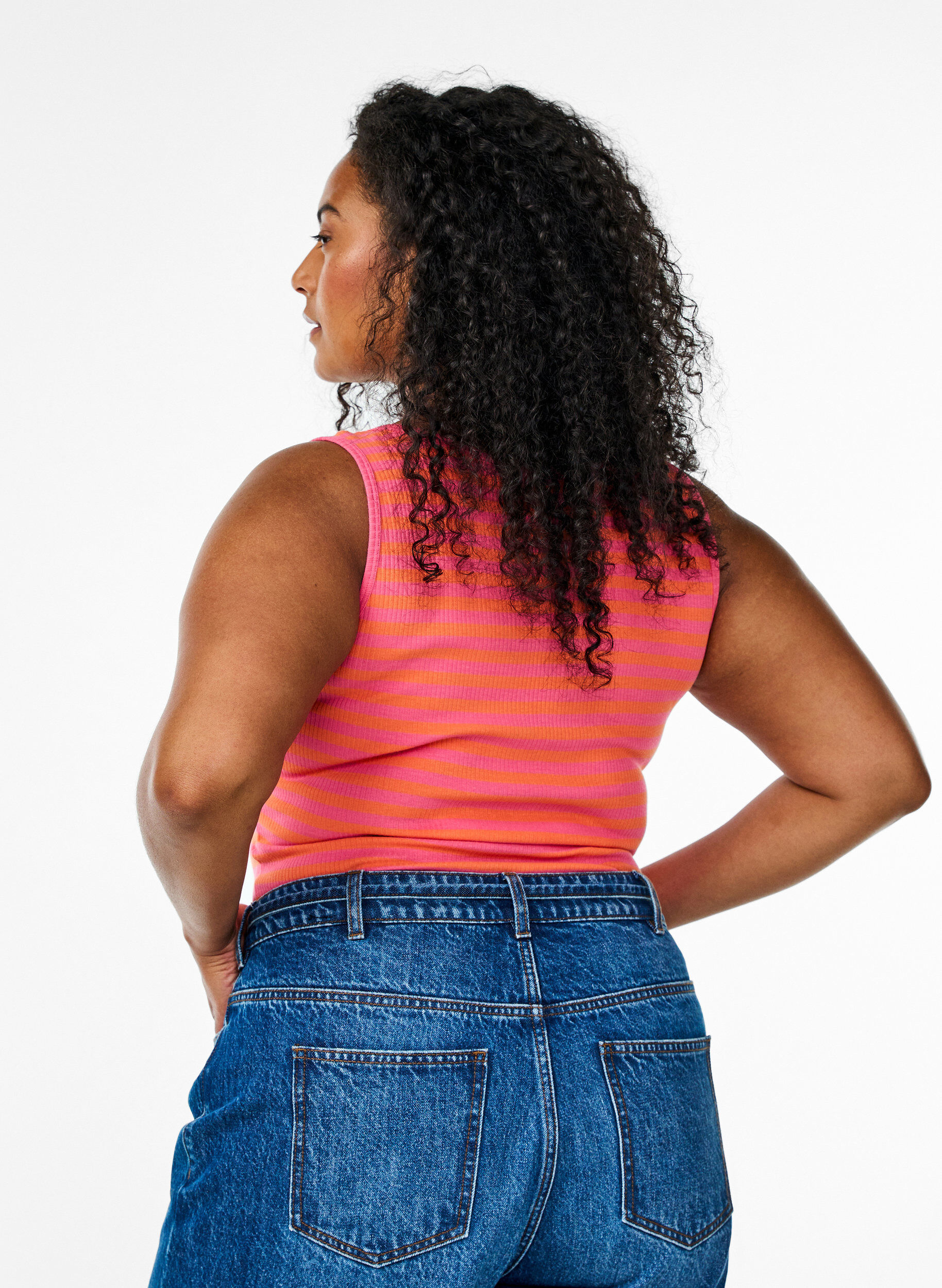 Zizzi Stribet tanktop med ribstruktur, Melon B.Gum Stripe, Model image number 1