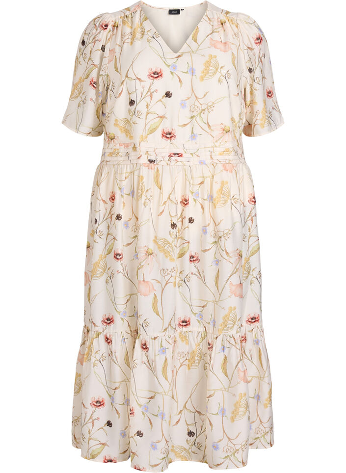 Blomstret midikjole med A-facon, Beige, Packshot image number 0