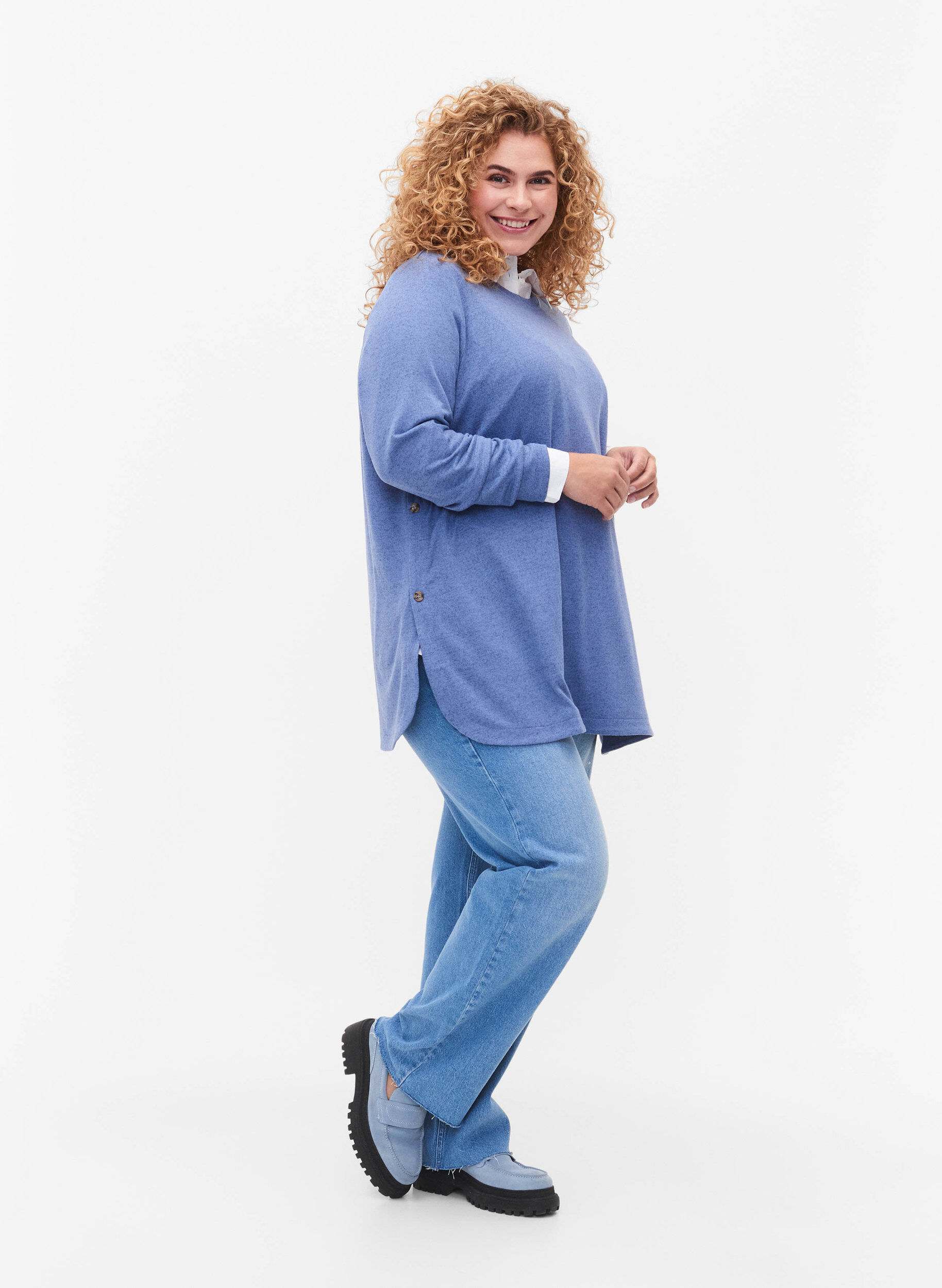 Zizzi Meleret bluse med knapper, Colony Blue Melange, Model image number 2