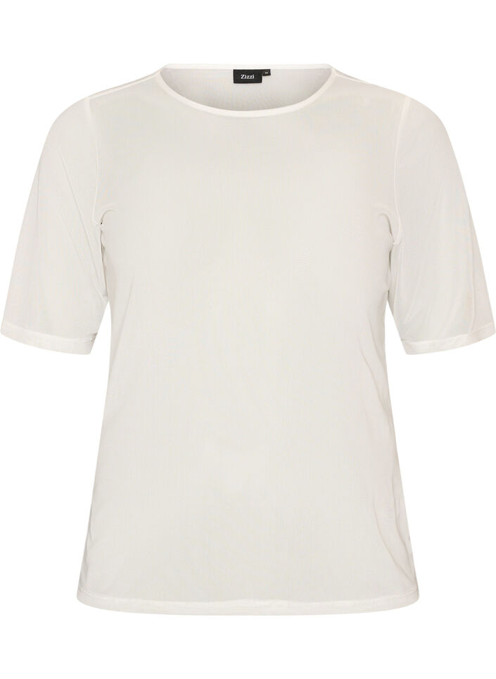 Meshbluse med korte &aelig;rmer og rund hals, Vanilla, Packshot image number 0