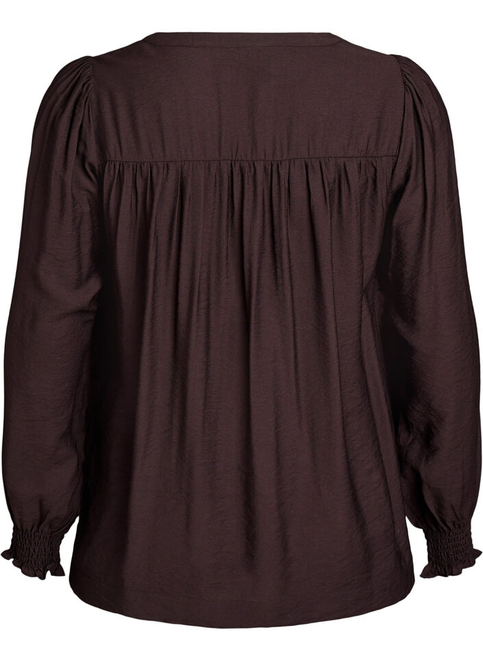 Viskosebluse med smock og rynkedetaljer, Brun, Packshot image number 1
