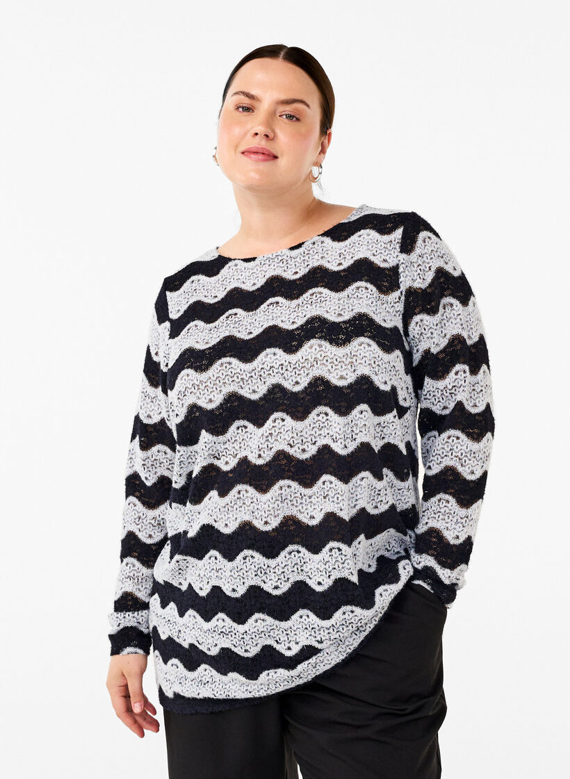 Strikbluse med bølgemønster, Black Stripe, Model image number 0