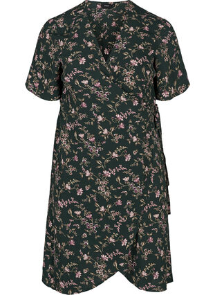 Wrap kjole korte ærmer, Green w. rose, Packshot image number 0