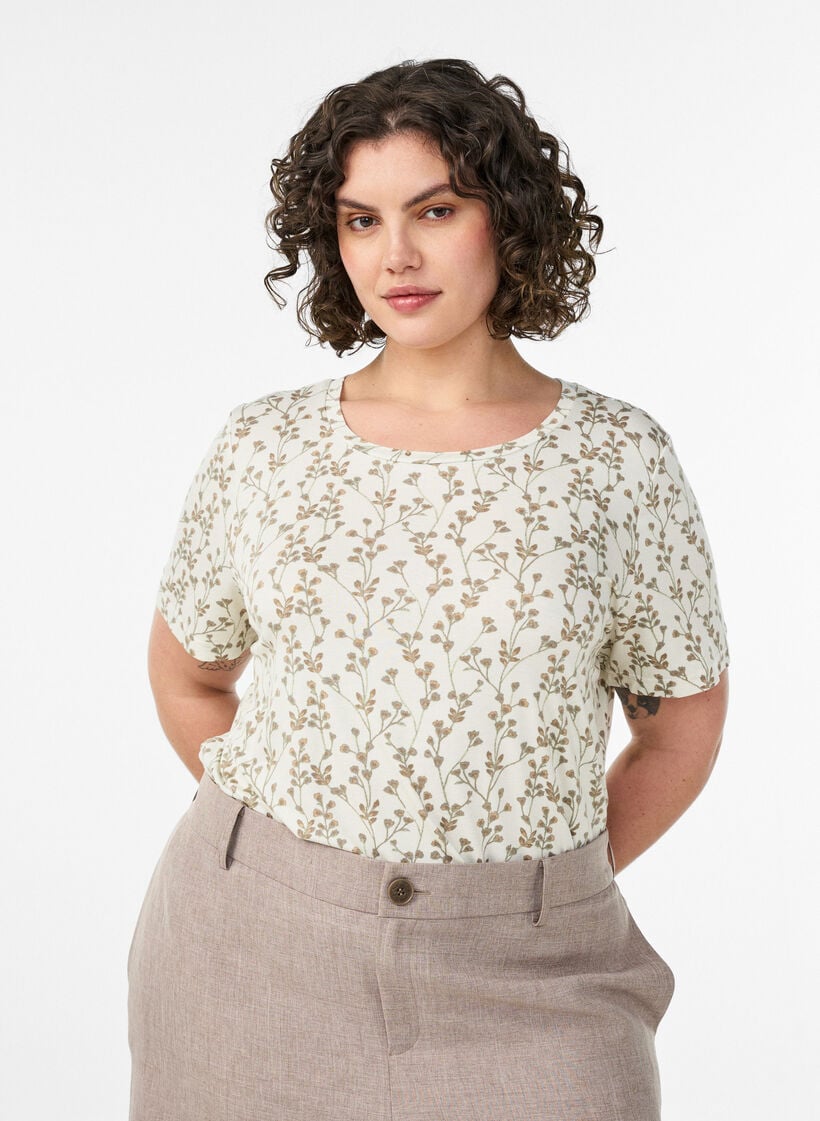 T-shirt med blomsterprint, Vanilla, Model image number 0
