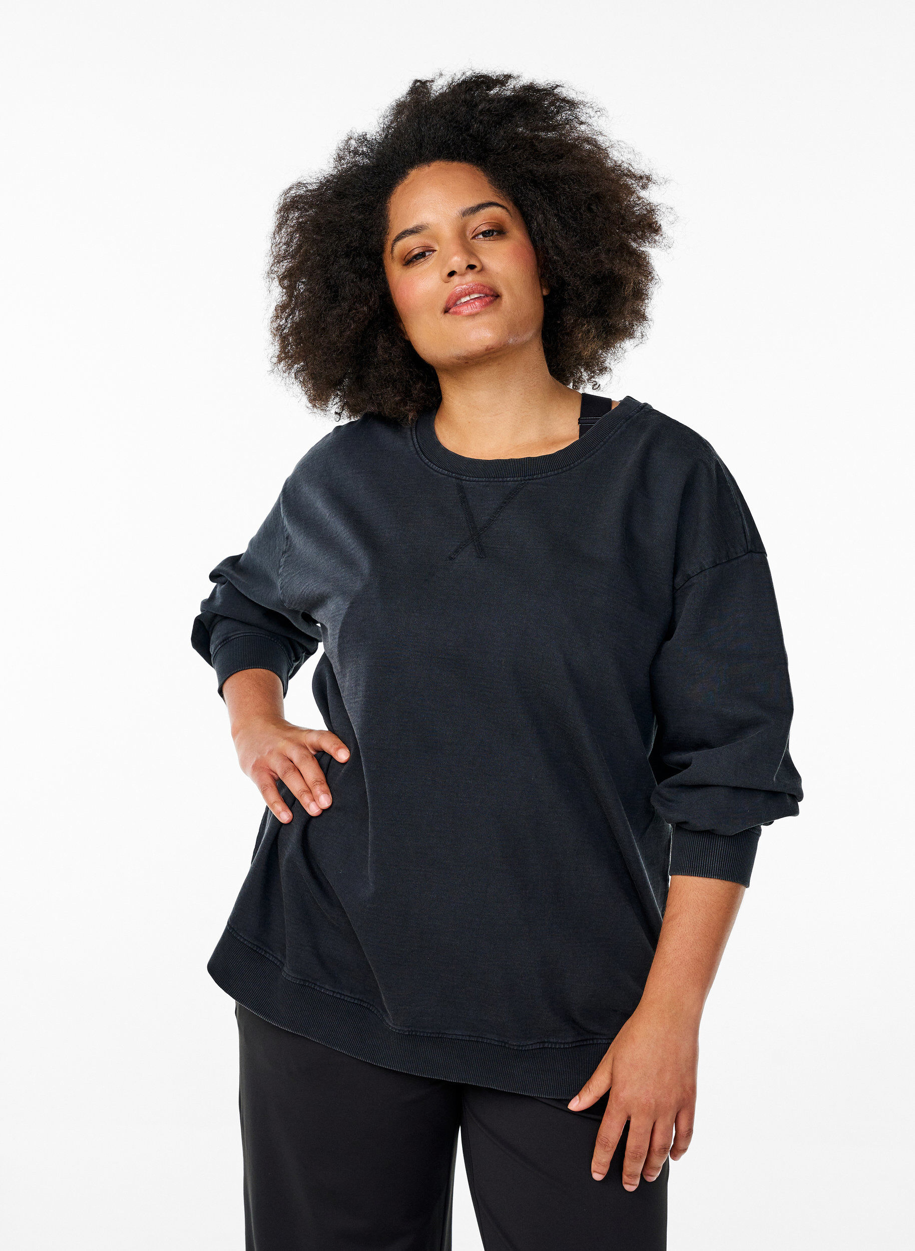 Zizzi L&oslash;s sweatshirt med washed look, Gr&aring;, Model image number 0
