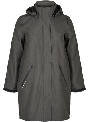 Lang softshell jakke med hætte, Dark Grey Melange, Packshot image number 0