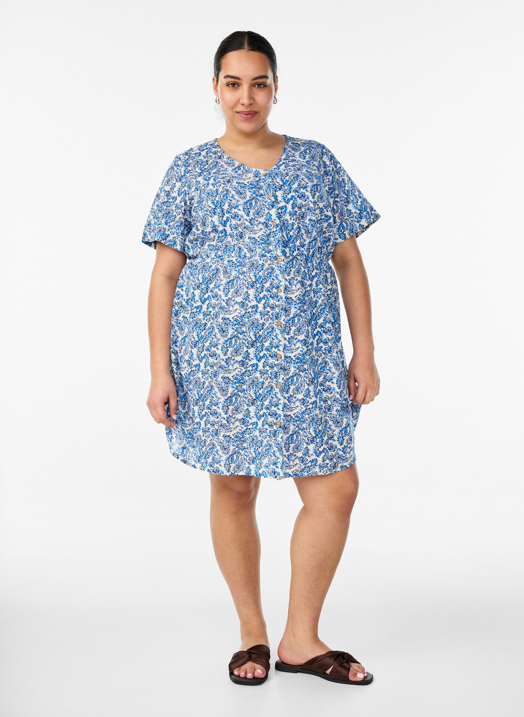 ZizziKort kjole i bomuld med blomsterprint, Bl&aring;, Model image number 1