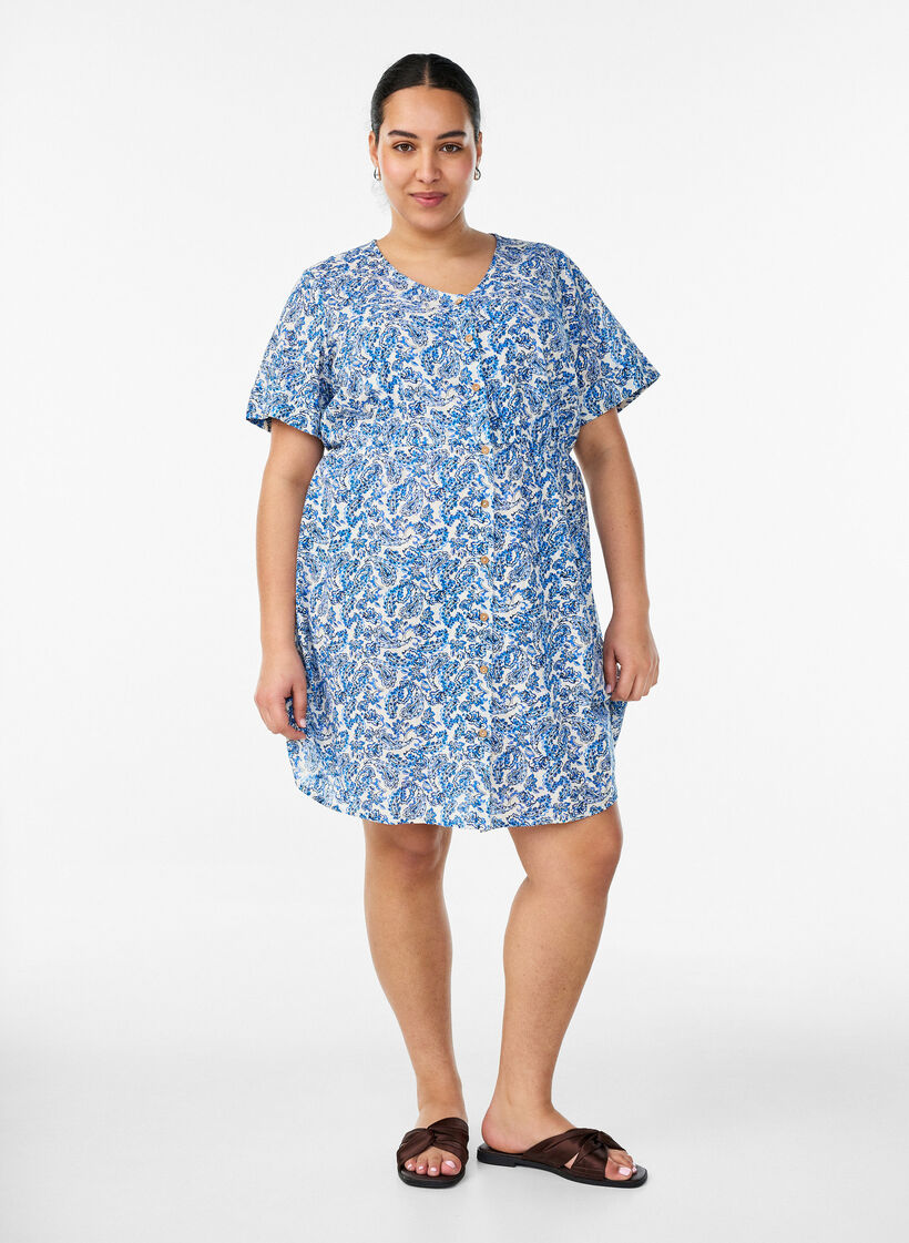 Kort kjole i bomuld med blomsterprint, Bl&aring;, Model image number 1