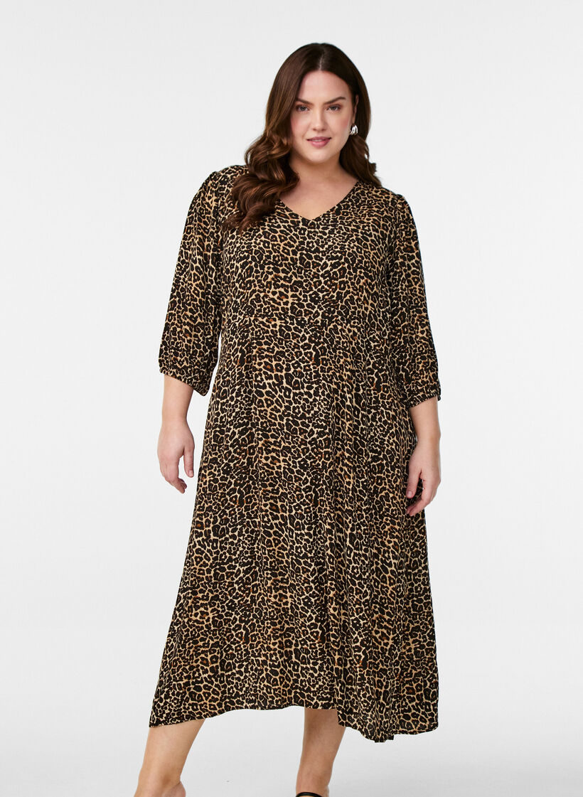 Midikjole med leopardprint og 3/4 ærmer, Brun, Model image number 0