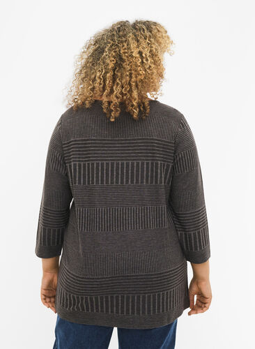 Bluse med 3/4 ærmer og stribet mønster, Dark Grey Melange, Model image number 1