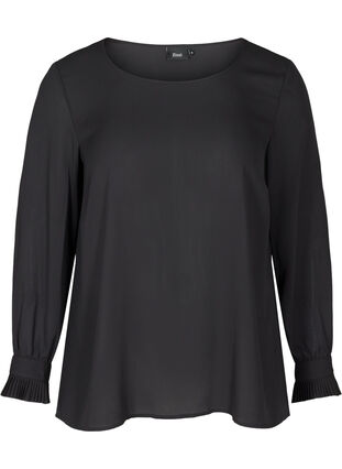 Langærmet bluse med plissé, Black, Packshot image number 0