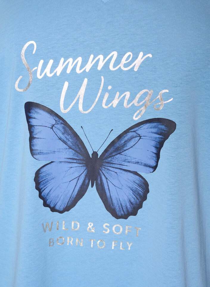 T-shirt i bomuld med frontprint og V-hals, Bl&aring;, Packshot image number 2