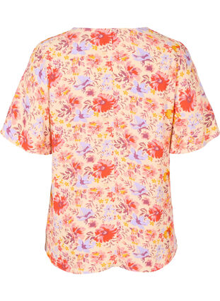 Kortærmet viskose bluse med blomsterprint, Red Orange AOP, Packshot image number 1