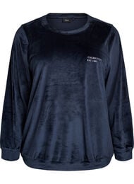 Velourbluse med broderet tekstmotiv, Bl&aring;